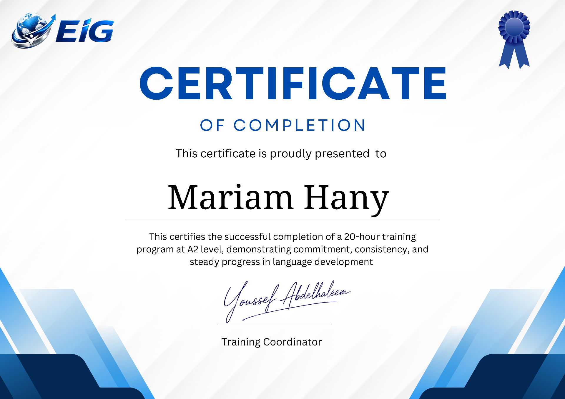 EIG certificate — Mariam Hany