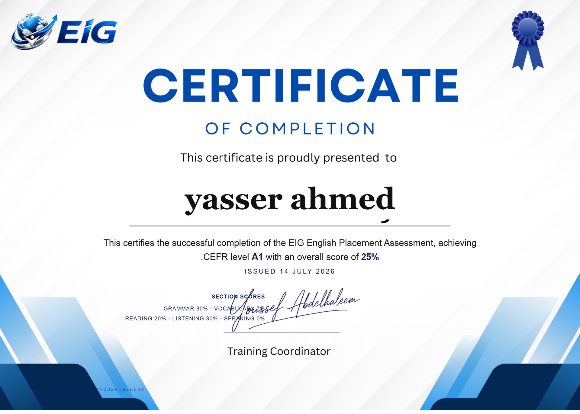 Sample EIG English Certificate