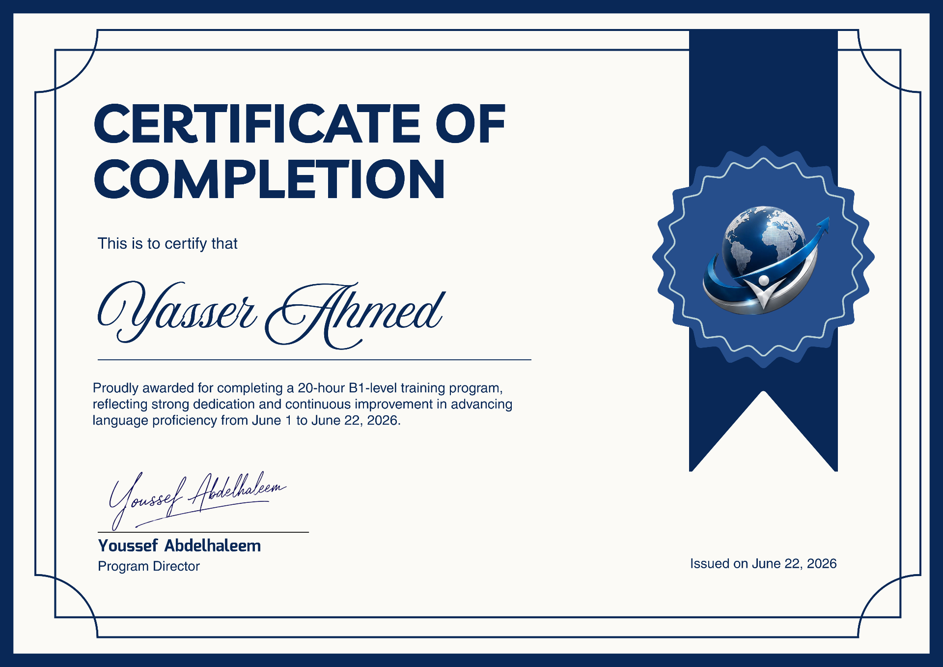 EIG certificate — Yasser Ahmed